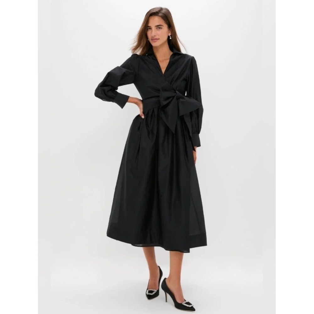 Tuckernuck Black Cotton Silk Wrap Midi Dress Long Sleeve Collared XS NEW